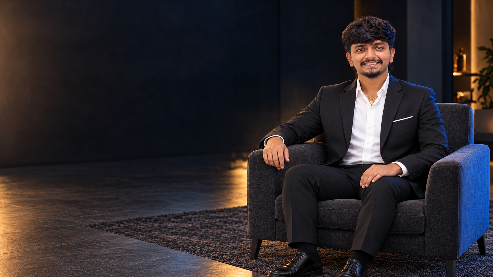 Manikandan seated naturally in a modern studio with both feet on the floor